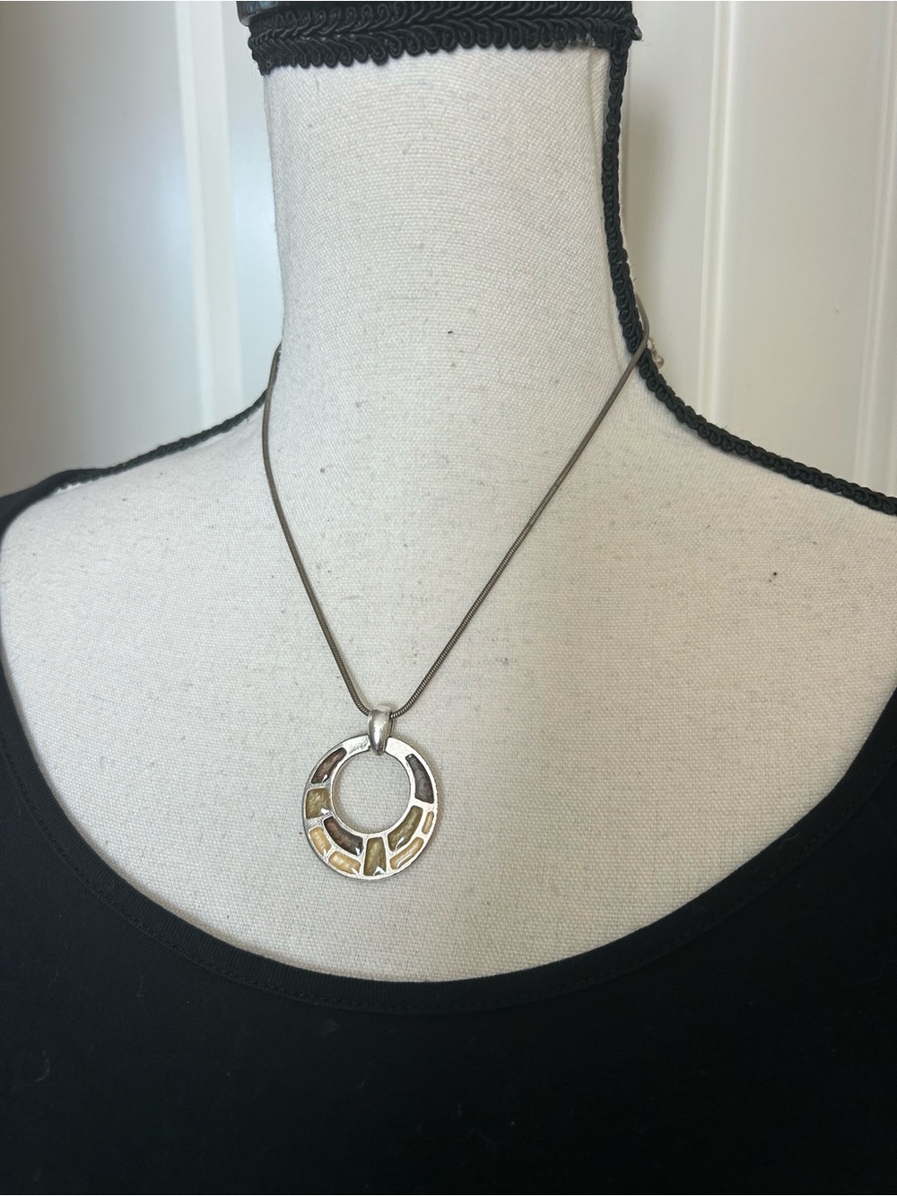 Sterling Silver Circle Pendant Necklace with Amber Inlay - Yellow Silver